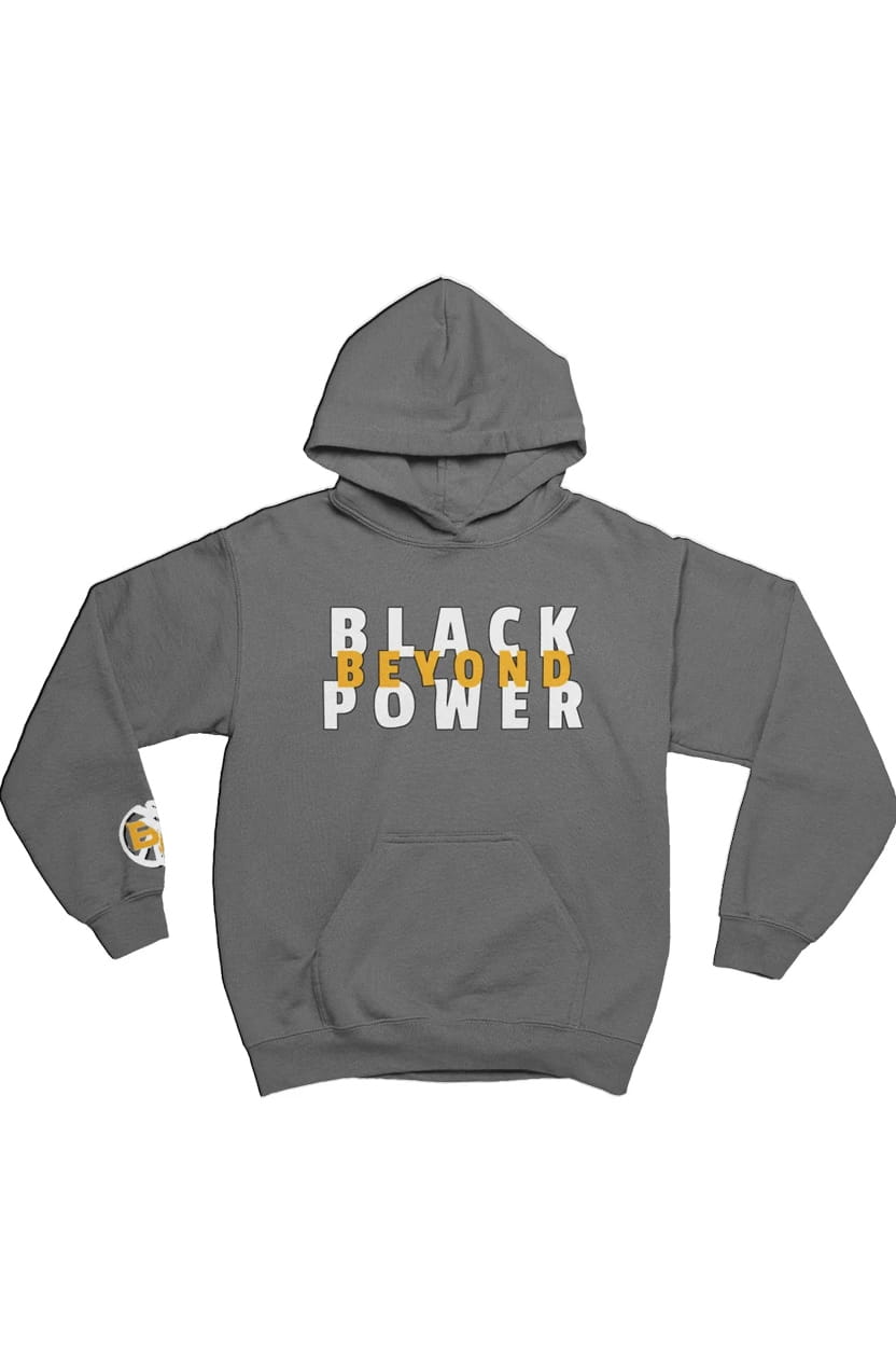 Gray hoodie with 'Black Power' text on a white background